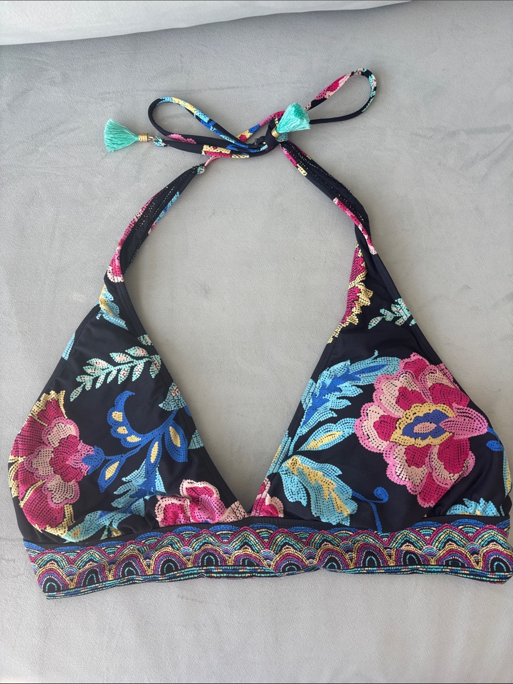 La BLANCA Black Floral Bikini Top with Multicolor Embroidery Print